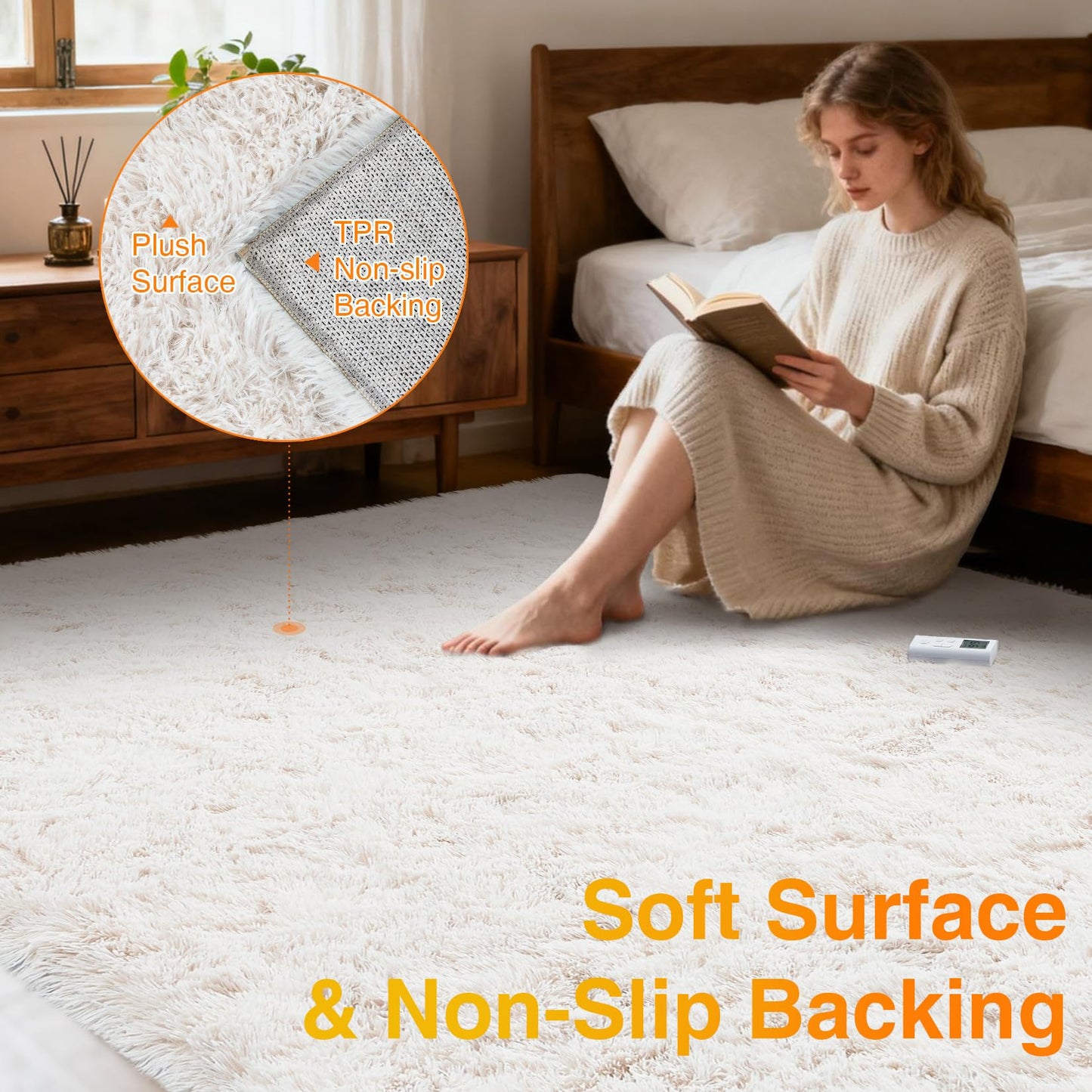 GarveeHome 5x7 ft Wireless Heated Floor Mat, Electric Heated Rug Gaming Rug with 6 Heat Levels & 10H Auto Off, Soft Plush Heating Carpet Foot Warmer for Living Room Bedroom Office Playroom, White