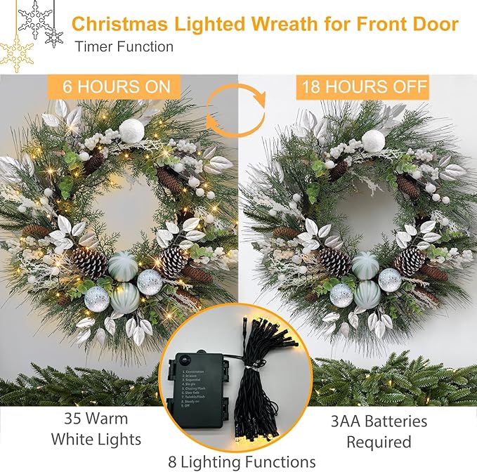 28’’ Pre-Lit Artificial Christmas Wreath, Theme Battery Operated 35 LED Lights with Faux Greenery, Pine Cones, Silver Leaves, White Berries and Silver Ornaments