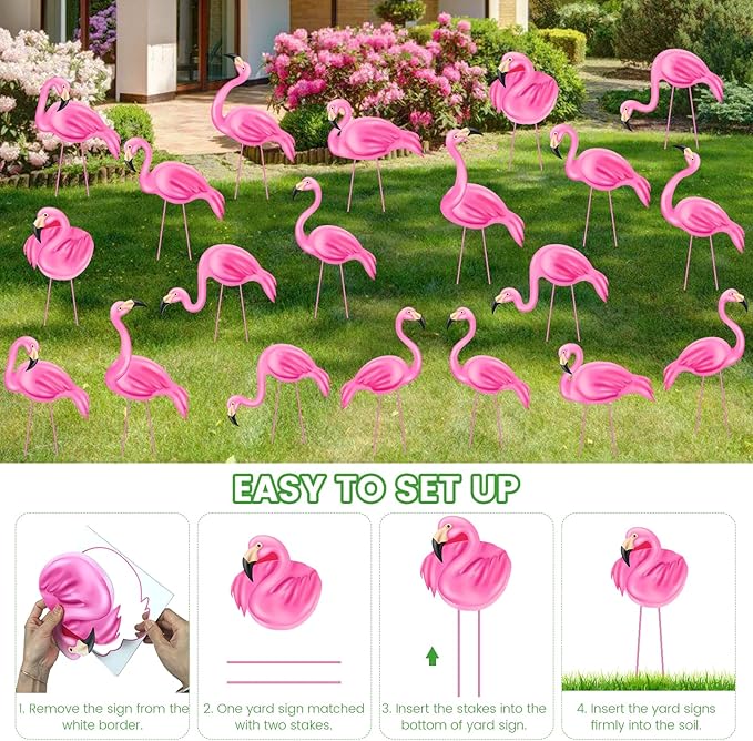 20 PCS Pink Flamingo Yard Signs with 40 Stakes Summer Beach Flamingo Lawn Sign 10 Styles Tropical Yard Lawn Patio Decorations Party Supplies(Normal)