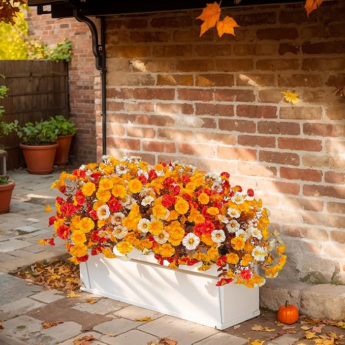 Artificial Fall Flowers for Outdoor, Fake Petunias Plants, Faux Flower, Fake Mums, 4PCS Fall Outdoor Decoration, UV Resistant, Silk Morning Glorias, for Home Garden Porch Planter (Early Harvest)