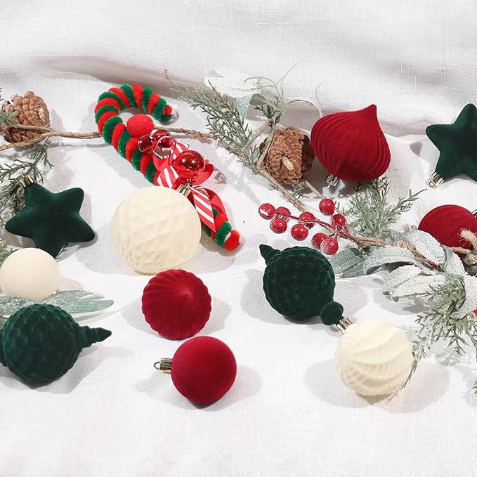 SY Super Bang 30PCS Velvet Christmas Ornaments Set, Flocked Shatterproof Assorted Hanging Xmas Tree Ball Decorations, for Home Party Holiday Decor, Coffee, Beige, Deep Green