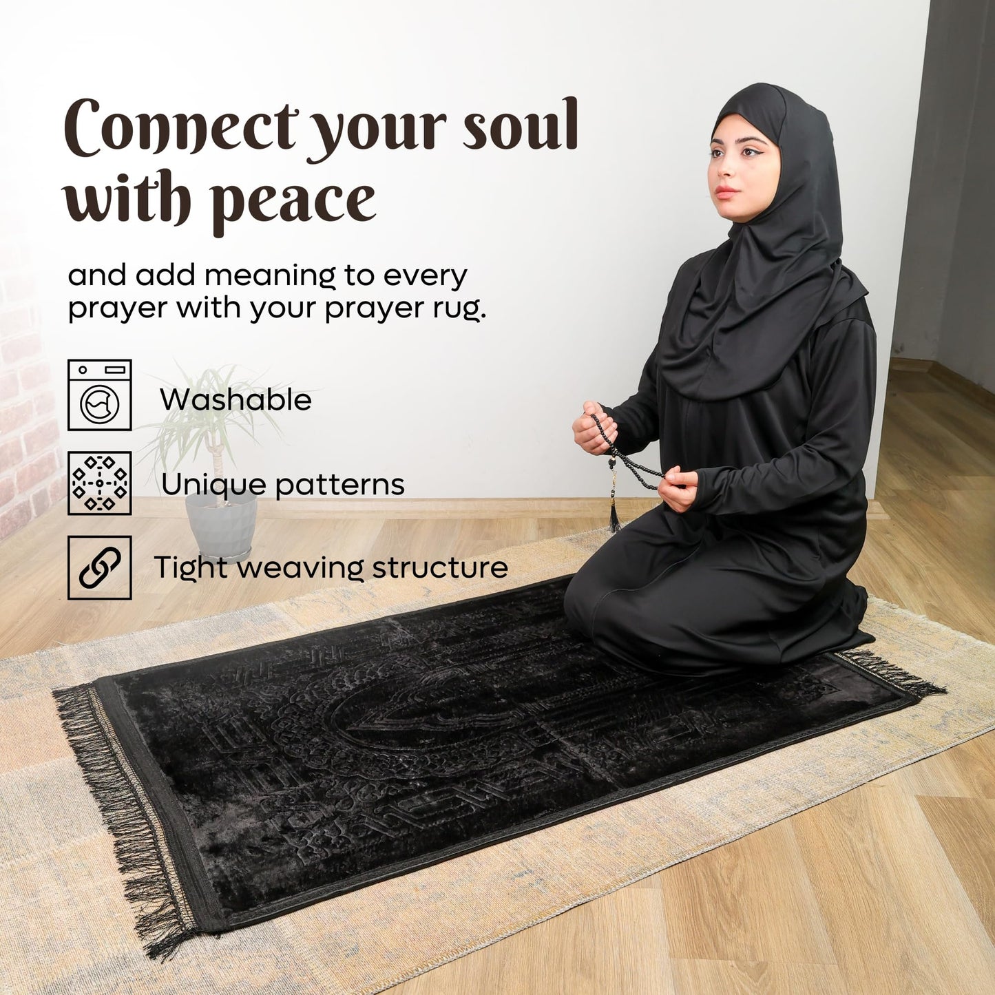 FIRASET Prayer Rug - Soft Plush Turkish Janamaz Sajada Carpet for Men and Women - Plain Solid Prayer Mat Ramadan Eid Gift - with Prayer Beads - Luxury Floral Stamp, Black