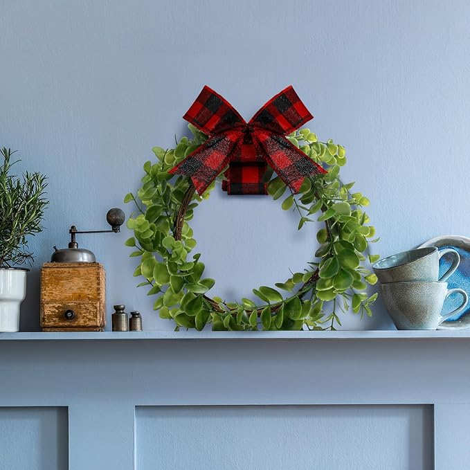 WILLBOND 4 Pcs Christmas Kitchen Cabinet Wreath Boxwood Garland with Ribbon Greenery Garland Hanging Wreaths for Cabinet Wall Window Door Fireplace Party Farmhouse Decor(Black and Red,Fabric)