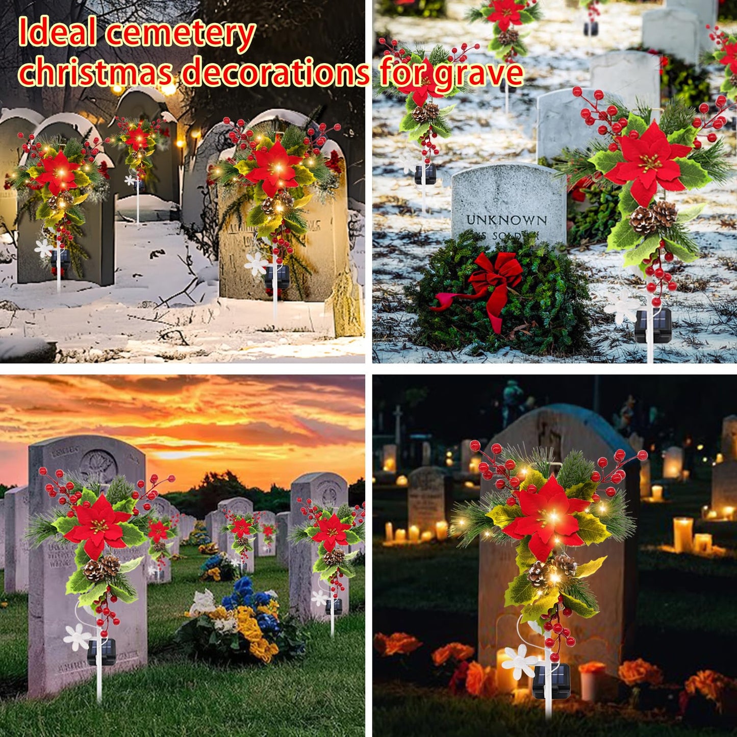 stadeco Solar Christmas Decorations Outdoor, 32 Inch Solar Christmas Cross Stake Lights, Waterproof Grave Decorations with Poinsettia Flower Pinecones Red Berries for Garden Yard Patio Lawn Cemetery