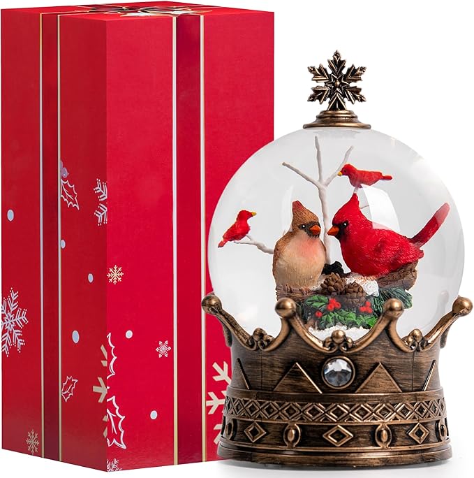 Christmas Snow Globe Lantern Water Glittering Cardinal Crown with Music, USB Lined/Battery Operated Lighted Lantern for Christmas Festival Decoration Gifts