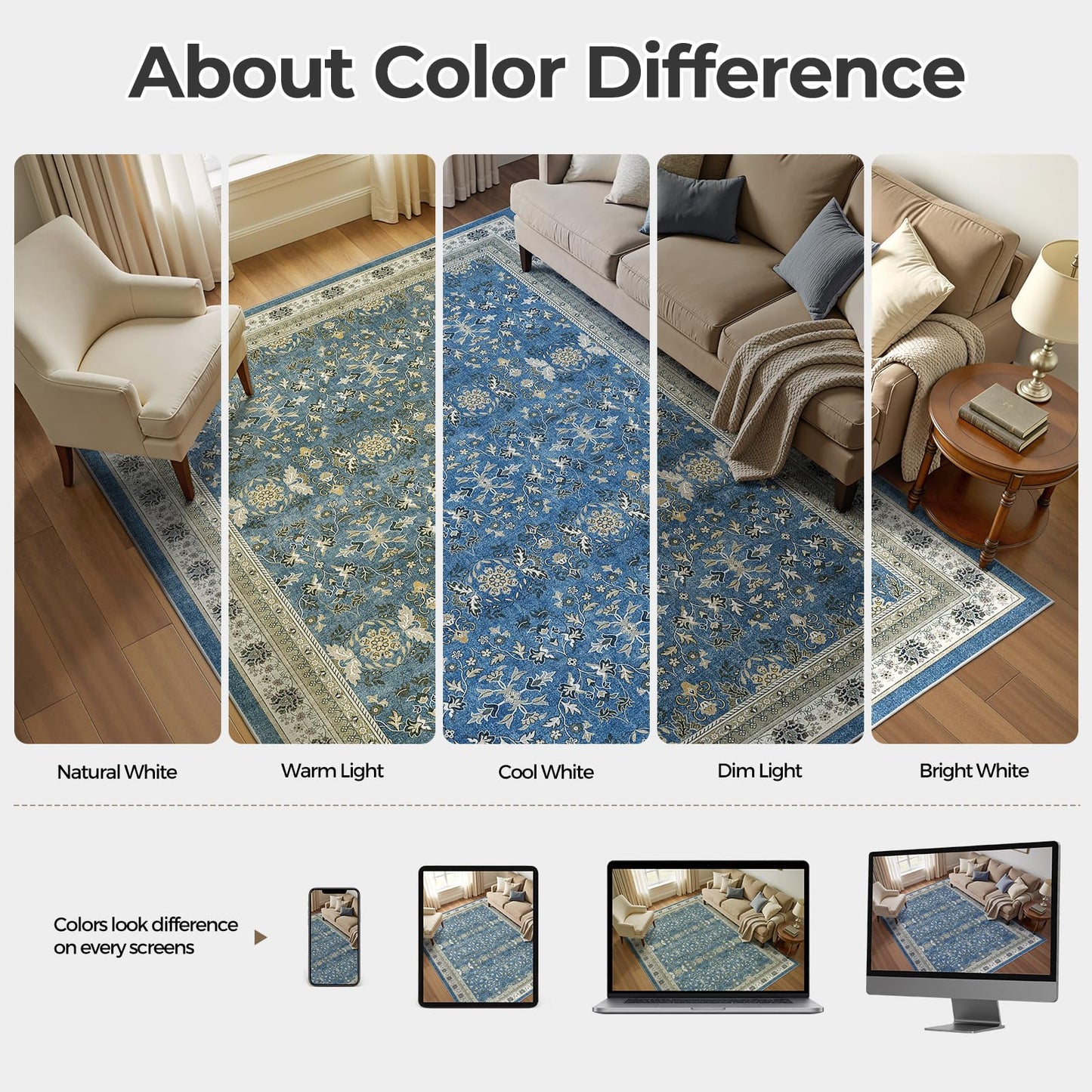 WITSHOCK Living Room Rug 8x10: Vintage Distressed Oushak Boho Farmhouse Retro Antique, Dining Room Rugs for Under Table, Bedroom Nursery Playroom, Ultra Soft Non-Slip Washable Stain Resistance, Blue