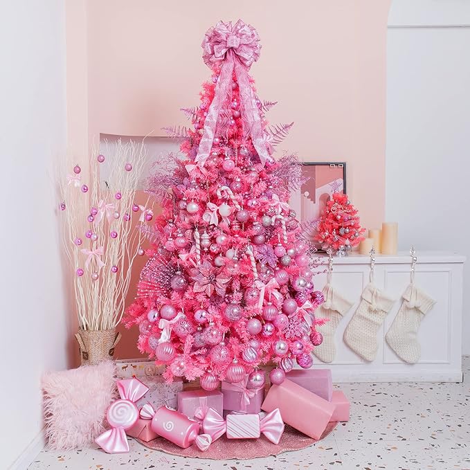 XmasExp 8ct Christmas Ball Ornaments Set -Large Clear Plastic Shatterproof Xmas Tree Ball Hanging Baubles Stuffed Delicate Glittering for Holiday Wedding Xmas Party Decoration (100mm/3.94",Pink)