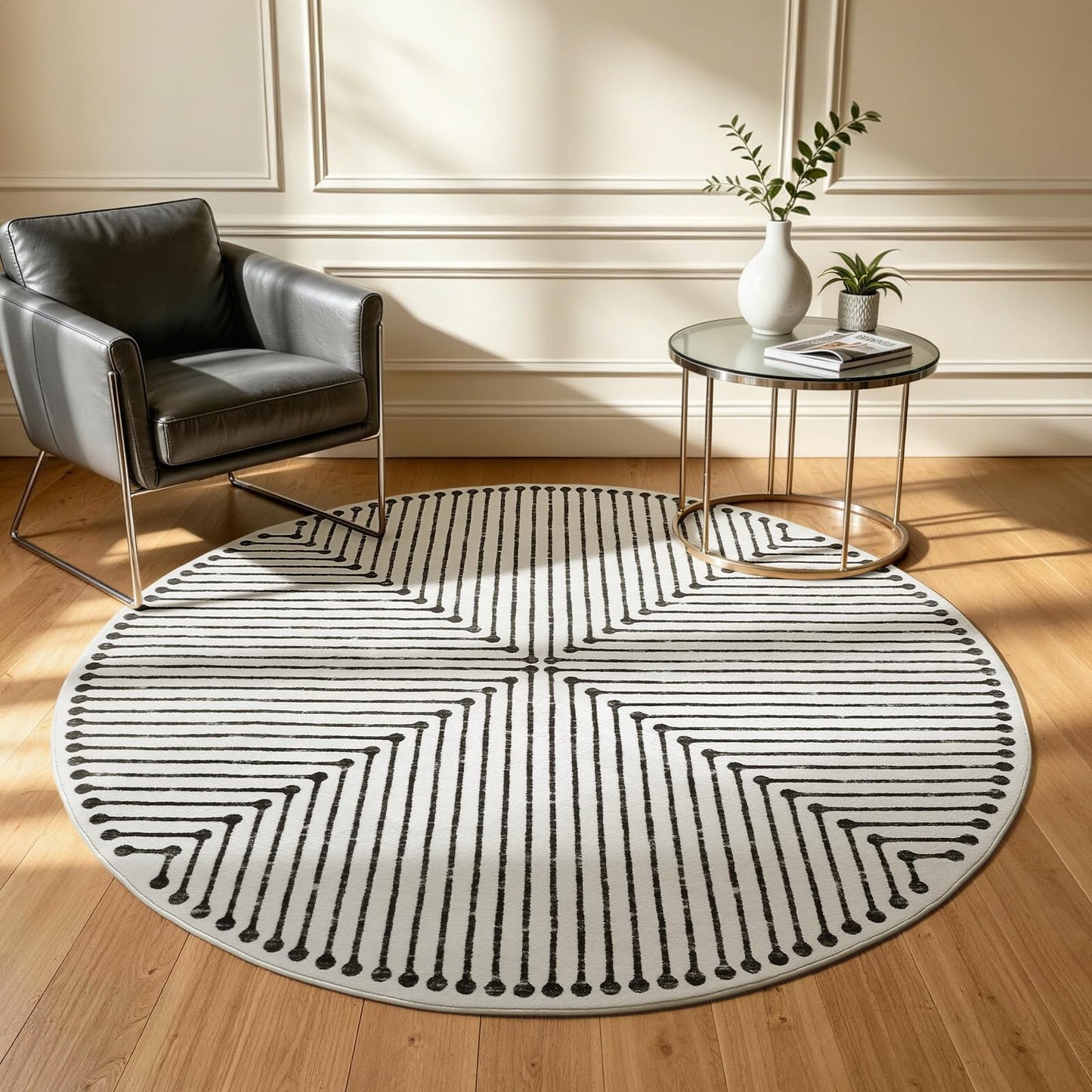 YIHOUSE Washable 4ft Round Rug for Entryway Non Slip, Black and White 4x4 Area Rugs for Living Room Non Skid Non-Shedding, Striped Modern Circle Carpet for Bedrom Kitchen