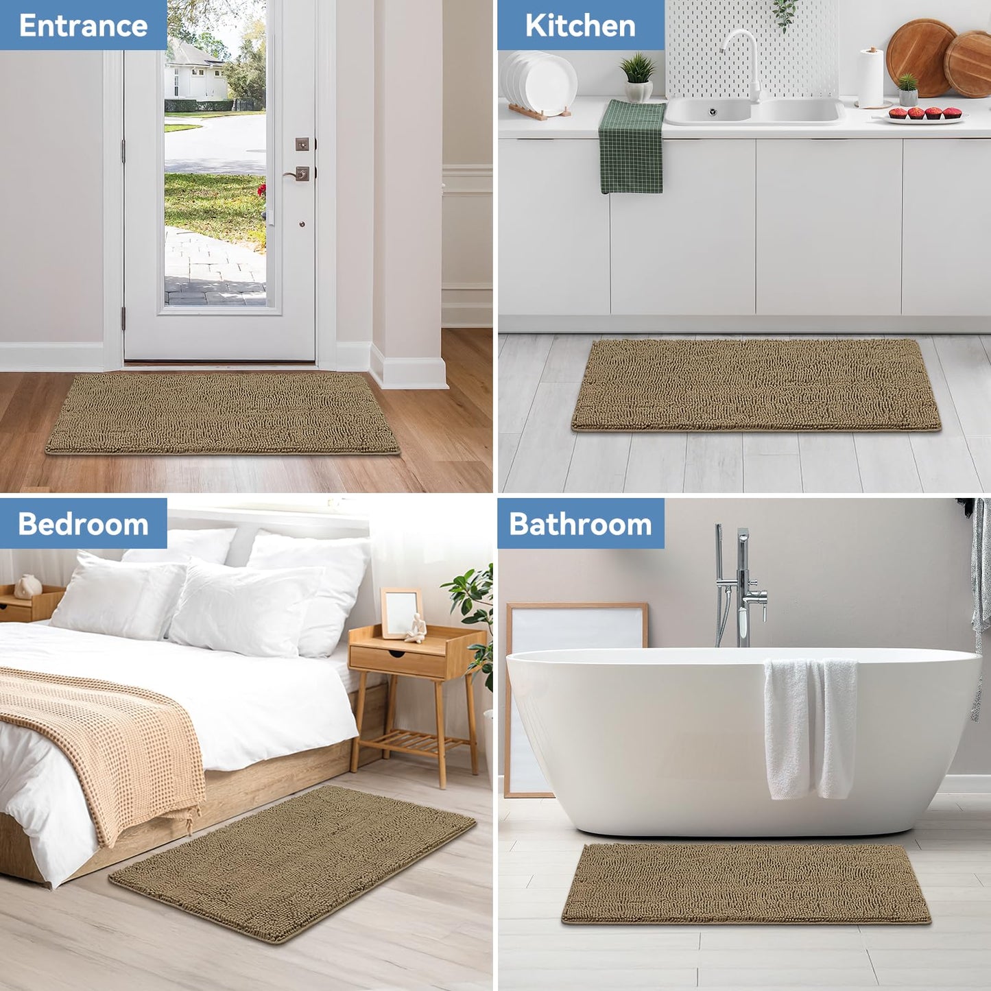 Bcoimo 44x24 Chenille Bath Mat – Non-Slip with Backing Bath Rug Ultra-Absorbent and Machine Washable Bathroom Mat Quick-Dry Design. Ideal for Bathroom Shower and Tub Areas
