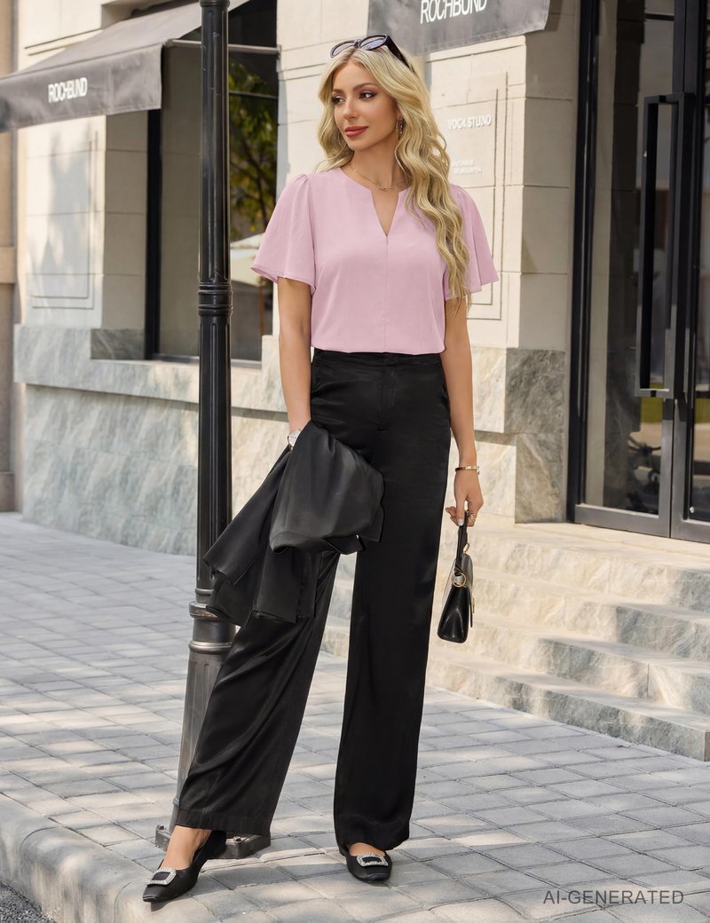 Blooming Jelly Womens Dressy Casual Blouses Business Work Summer Tops Zip Ruffle Short Sleeve Cotton Shirts Trendy Spring Outfits (Pink,Medium)