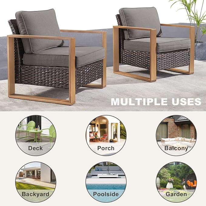Rilyson 3 Piece Wicker Patio Furniture Set,Patio Bistro Set with 2 Rattan Armrest Chairs and 1 Side Table,Sturdy Frame,All-Weather PE Wicker,Wide Armrest,Deep Seating and Thick Cushions(Brown/Grey)