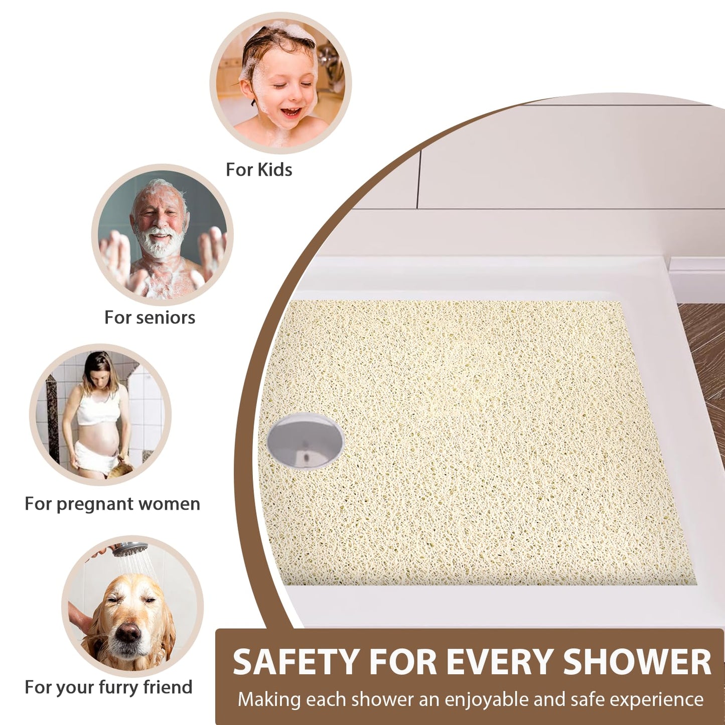 Extra Large Non Slip Shower Mat: 47.2x31.5 inch Loofah Shower Mat for Inside Shower with Drain Hole in Middle, Soft PVC Anti-Slip Shower Stall Mats for Bathroom,Wet Area, Quick Drying