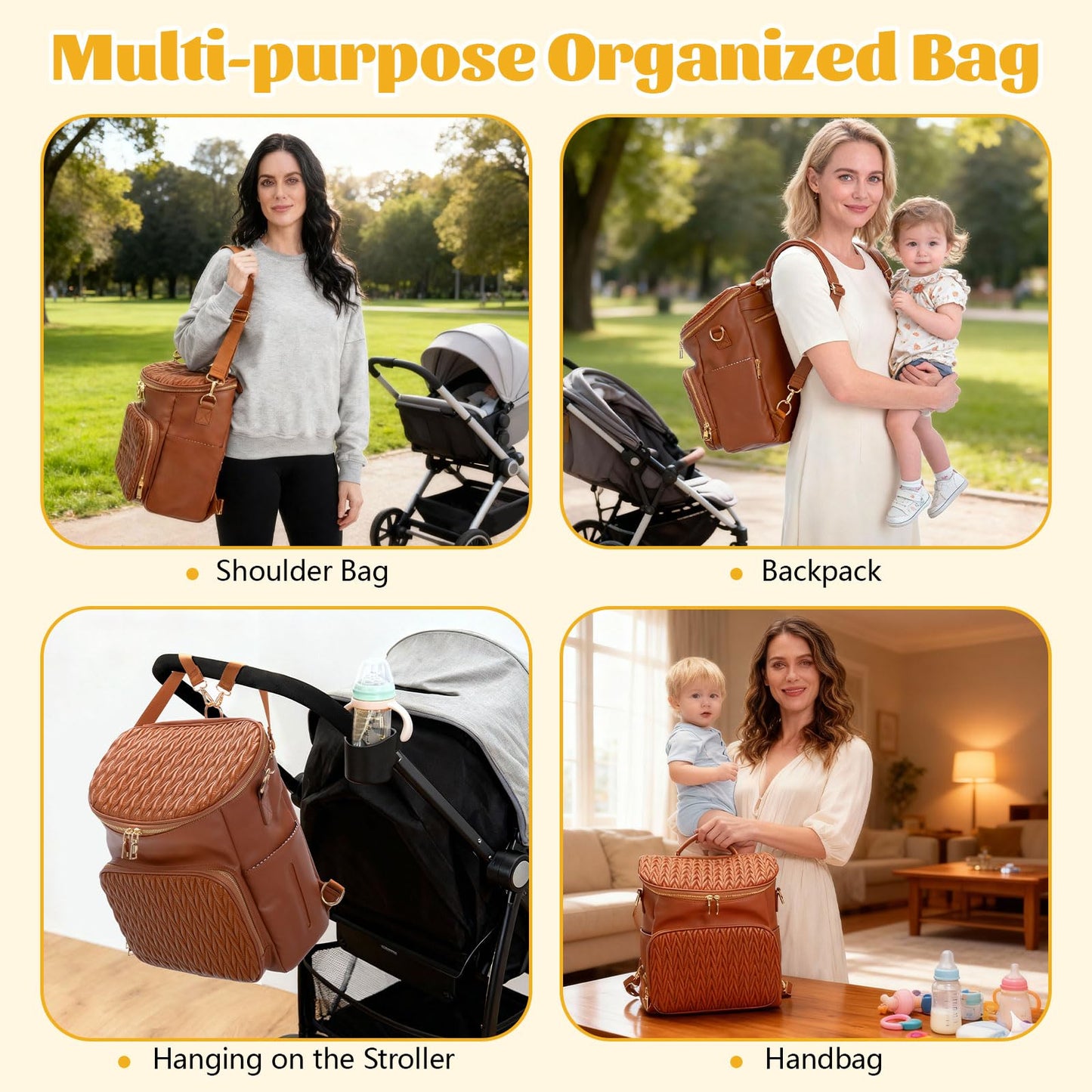 Minsong Diaper Bag Backpack, Fashion Leather Mommy Backpacks, Travel Baby Diaper Bags with in Bag Organizer and Changing Pad (Brown-stripes)