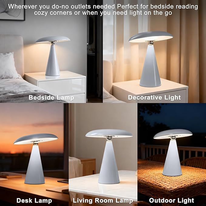 Mushroom Lamp Mid Century Modern Table Lamp, LED Cordless Rechargeable Bedside Light, Dimmable Touch 3-Color Temp, Retro Small Lamp for Bedroom, Living Room,Aesthetic Decor(Gray)