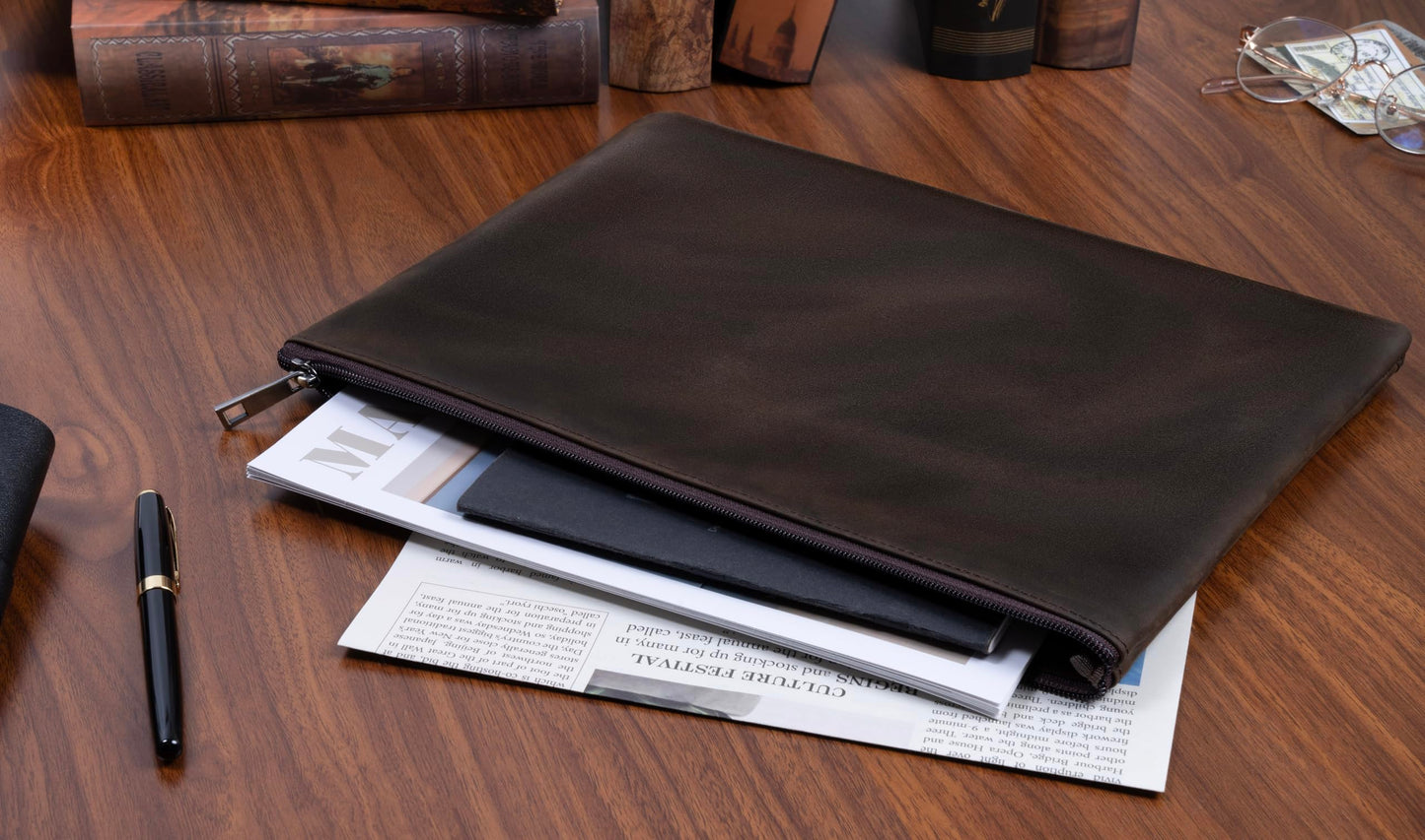 GZRHKJ Genuine Leather A4 File Folder for Document, Leather File Folder Organizer Document Holder for Men&Women, Waterproof Portfolio Envelope Folder Case