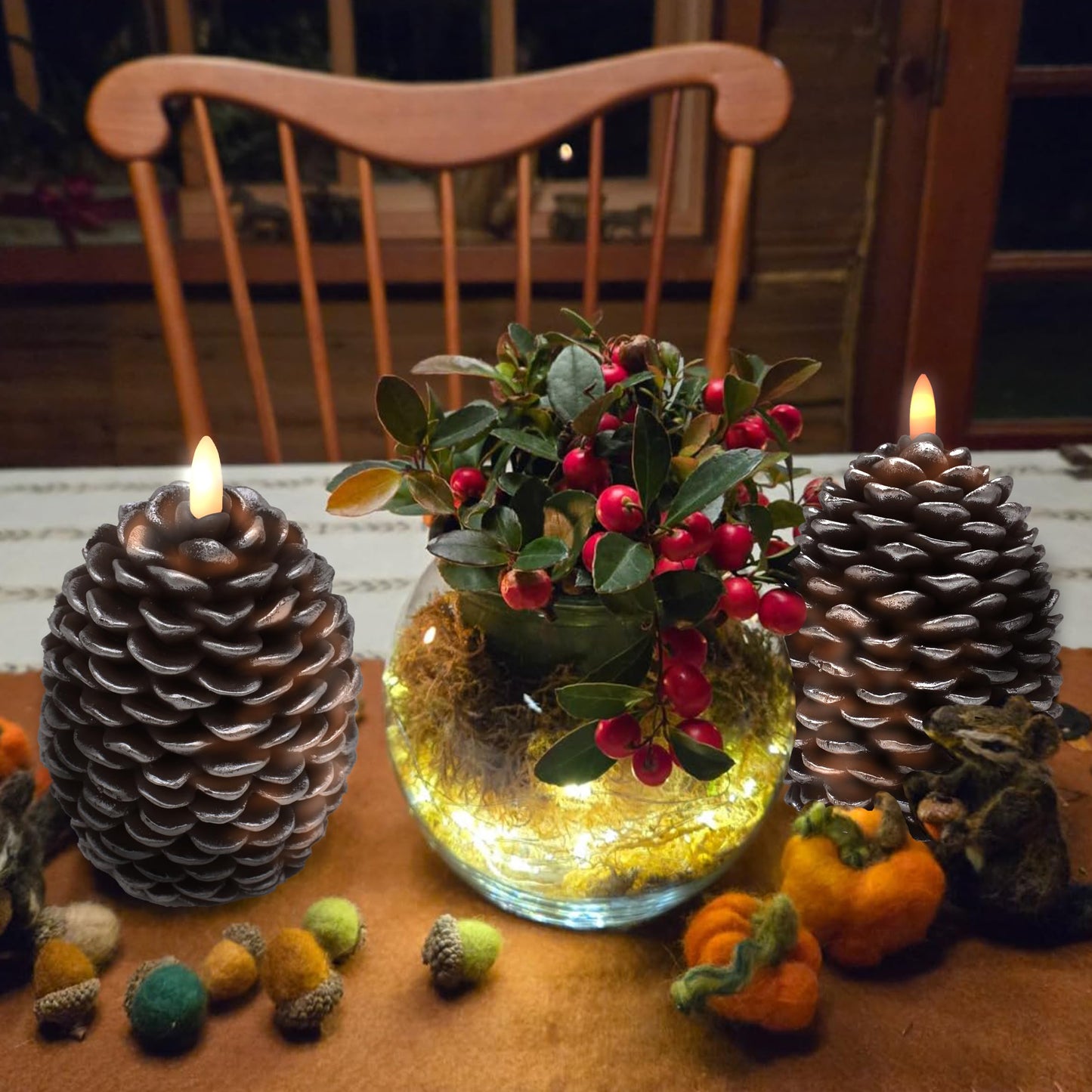CVHOMEDECO. Pine Cone Candles Battery Operated Pinecones with Remote and Timer, Pine Cones Candle LED Flameless Flickering Candles for Fall, Christmas Decor. Silver-Brown, H 5.5 Inch, Pack of 2