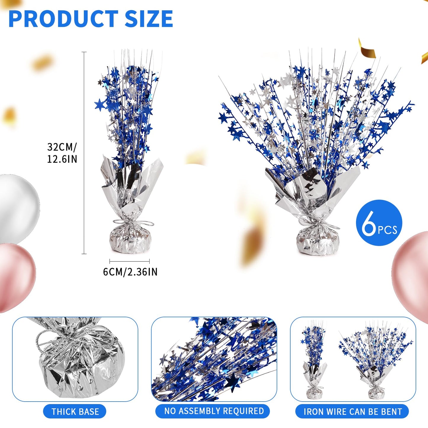 6 Pack Metallic Foil Spary Centerpieces for Tables, Silver Navy Blue Centerpieces for Tables Decorations, Star Brust Table Centerpieces for Birthday Graduation Wedding Baby Shower Party