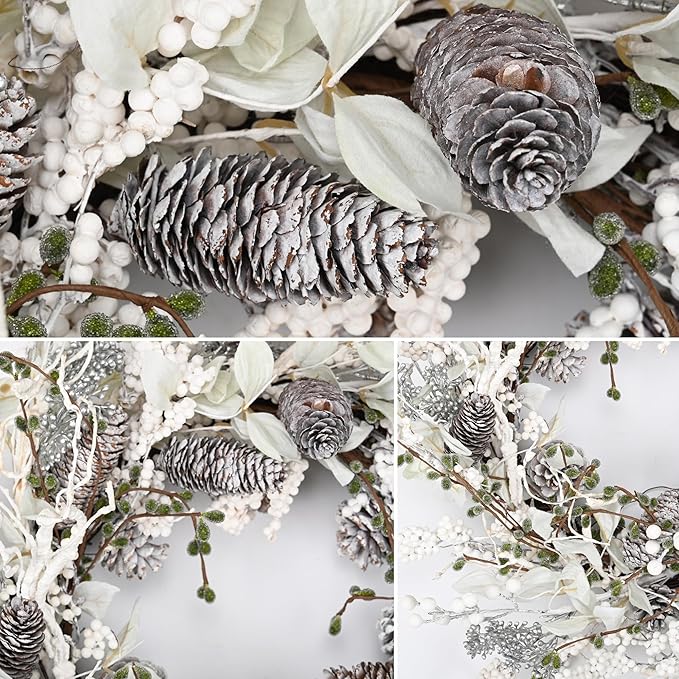 24 inch White Christmas Wreath,Winter Wreaths for Front Door with Pinecones Berries for Fireplace Xmas Decorations,Front Porch Decor and Wall Window Decor