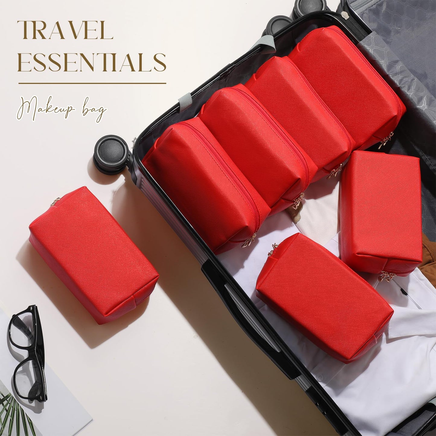 Sanwuta 9 Pcs Makeup Bags Bulk PU Double Zippers Cosmetic Bag Makeup Toiletry Small Pouch Portable Travel Organizers Case for Women Bridesmaid Proposal Gifts(Red)