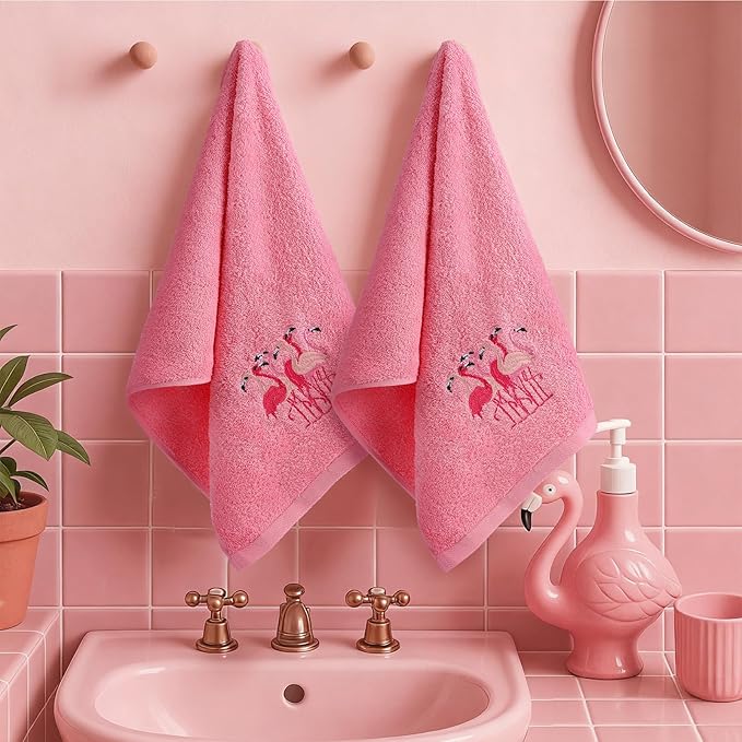 2 Pcs Flamingo Hand Towels Hot Pink Bathroom Decor 14x29 Inch Embroidered 100%