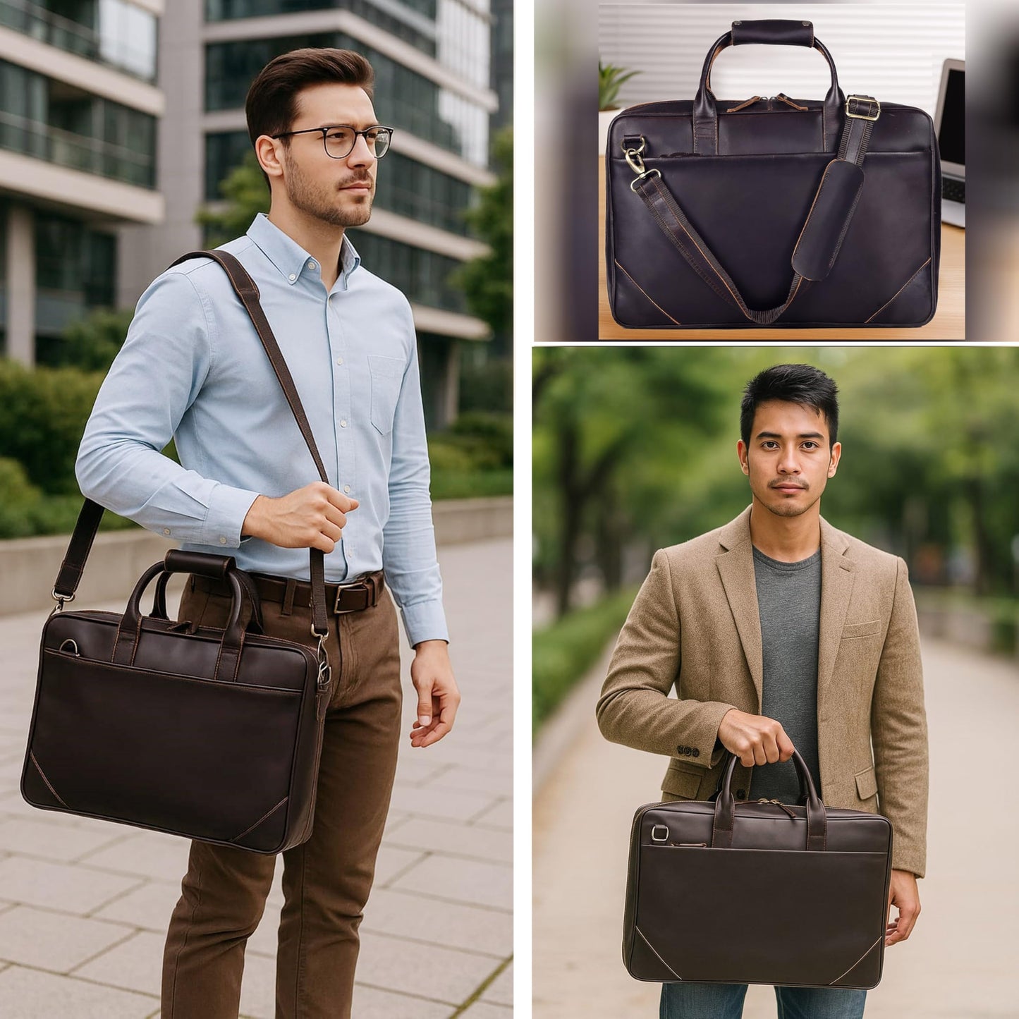 Full Grain Leather Slim Briefcase for Men 17.6 Inch Laptop Messenger Bags Crossbody Shoulder Brown Vintage Attache Case Business Work Lawyer Computer Bag