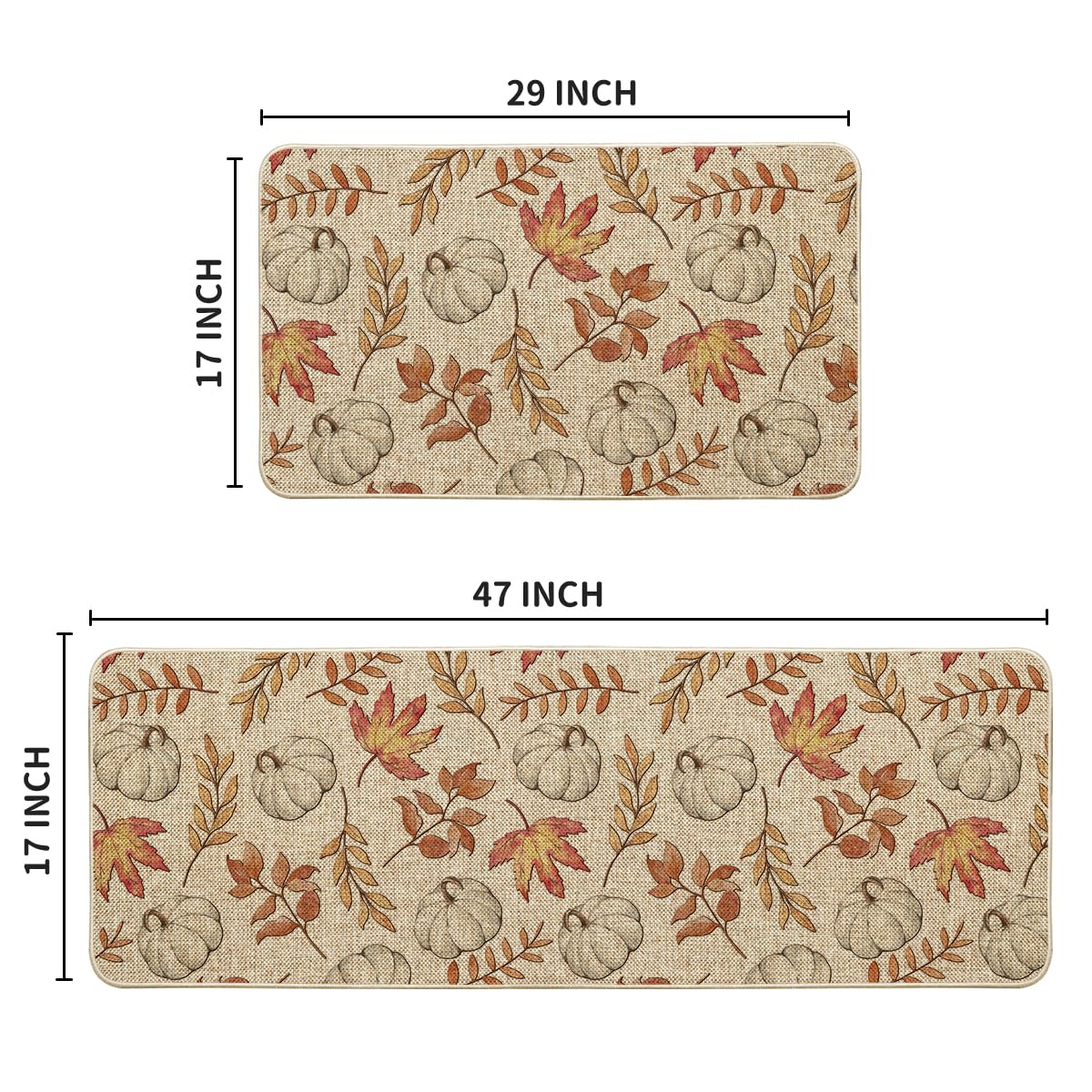Artoid Mode Pumpkins Fall Kitchen Mats Set of 2, Autumn Maple Leaves Home Decor Low-Profile Kitchen Rugs for Floor - 17x29 and 17x47 Inch