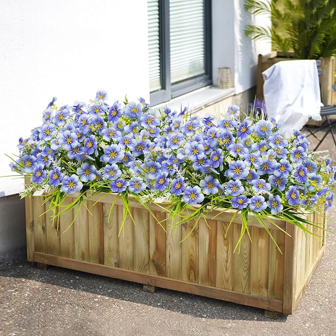 36pcs Faux Plants Outdoor, Uv Resistant Artificial Plants Outdoor Fake Flowers Plants Plastic Greenery Shrubs for Outside Window Box Garden Patio Porch Home Decor (Mixed Blue)