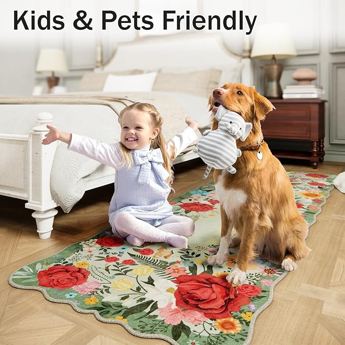 Kitchen Rug Runners for Hallways: 2x6 Washable Runner Rugs for Kitchen Ultra Thin Stain Resistant Non Slip Low Pile Lightweight Floral Carpet for Laundry Room, Bedside Decor (Light Green)