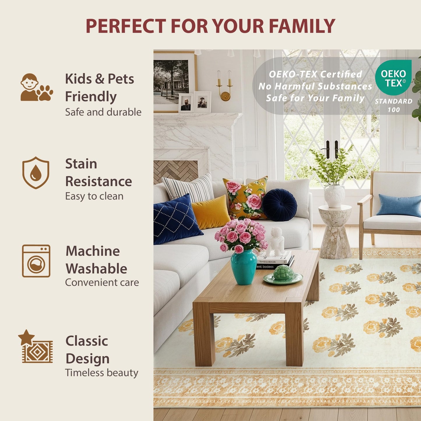 Sparkle Gaze Beige Brown Floral Living Room Rug 5x7 Area Rug - Vintage Washable Rug for Dining Room, Bedroom, Ultra Soft Low Pile Non Slip Stain Resistance Distressed Boho Farmhouse Flower Carpet