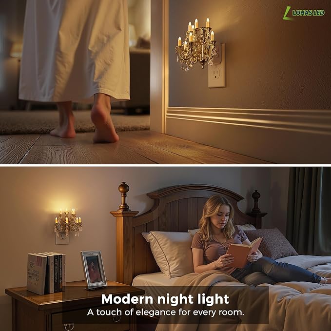 L LOHAS LED Night Lights Plug into Wall,2 Pack,Crystal Chandelier Candle Nightlight with Dusk to Dawn Sensor,Brightness Adjustable,3000K Soft White,Rotatable Plug Addtion for Home Decor,Hallway