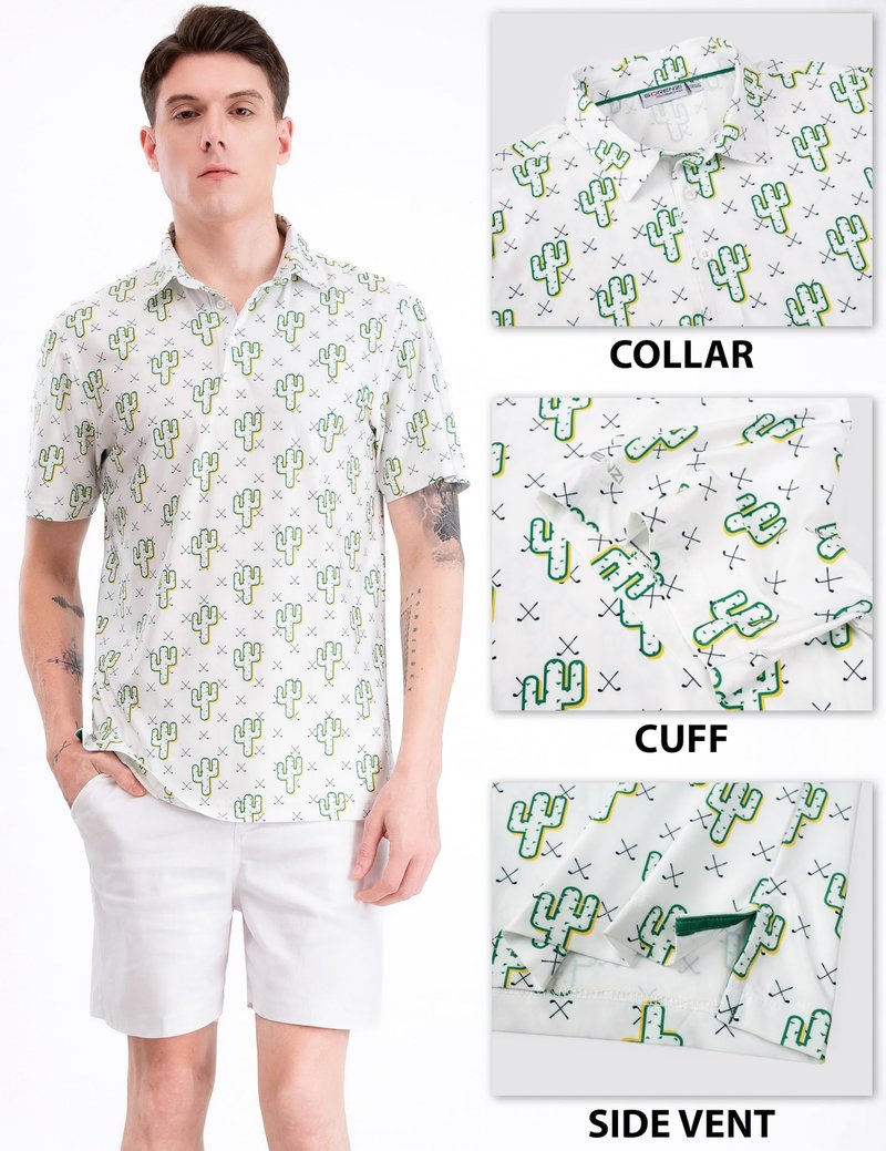 GORENZI Men's Golf Shirts Short Sleeve Moisture Wicking Print Cactus Shirt Men Performance Polo Golf Shirts for Men Dry Fit