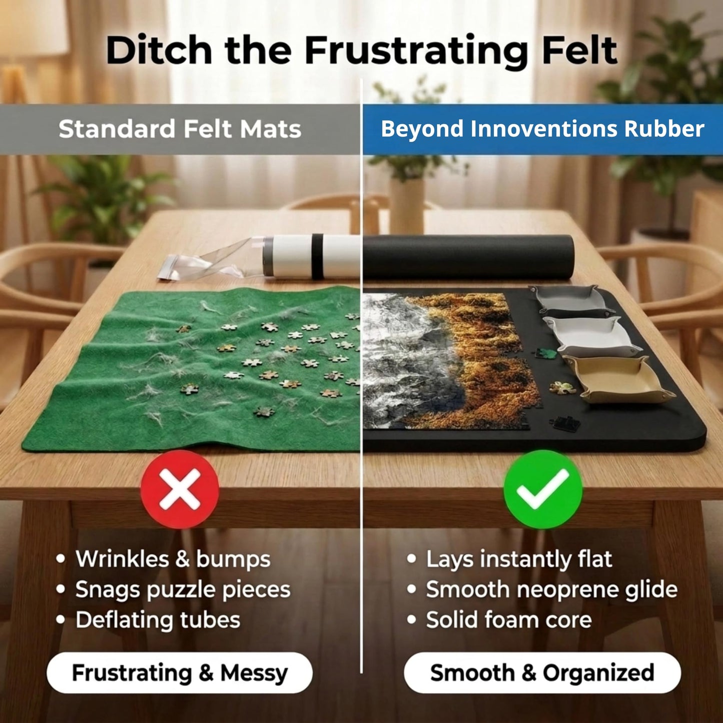Jigsaw Puzzle Mat Roll Up – 47" x 26" | 3 Sorting Trays, 3 Fastening Straps, Foam Tube, & Travel Friendly Storage Bag | Non-Slip Rubber Puzzle Matt Rollup - Up to 1500 Pieces