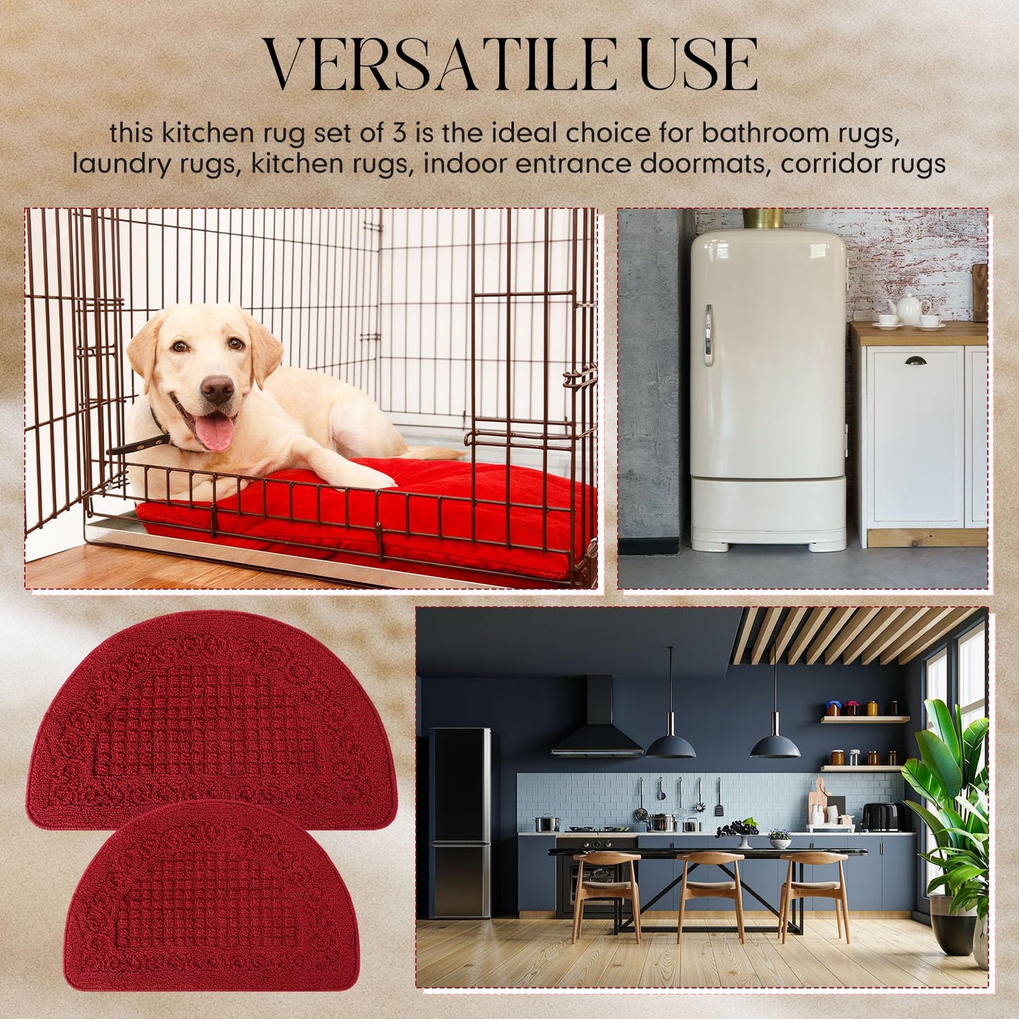 Drydiet 2 Pcs Kitchen Rugs 15 x 22 Inches 18 x 30 Inches Kitchen Mats Non Skid Washable Doormat Indoor Entrance Absorbent Standing Half Circle Carpet for Home Floor Patio Garage Door(Red)