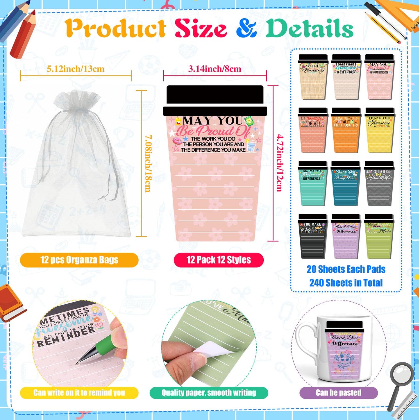 12 Sets Employee Appreciation Gifts Bulk Coffee Cup Sticky Notes with Inspirational Pens, Funny Notepads Motivational Ballpoint Pen Thank You Gifts for Coworker Teacher Nurse Office Supplies