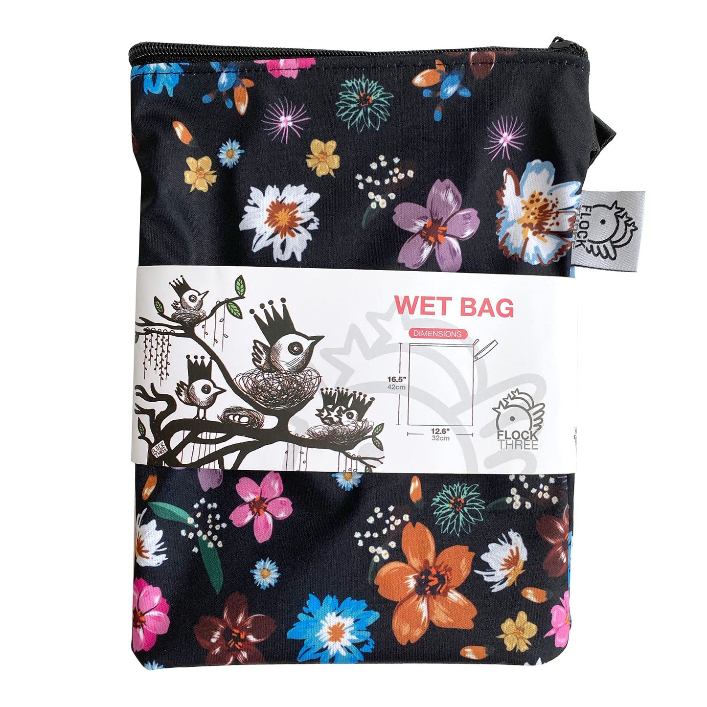 FLOCK THREE Washable and Reusable Wet Bag Diaper Bag Water Resistant Swimming Bag Pouch, Yoga Gym Bag Floral Print, 12.6'' x 16.5''