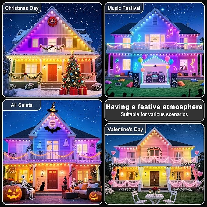 500Ft Permanent Outdoor Lights for House Waterproof, IP67 LED Eave Lights with App/Remote Control, Outdoor Permanent led Lighting for House Roof Decor,Christmas,Party,All Holiday and Daily