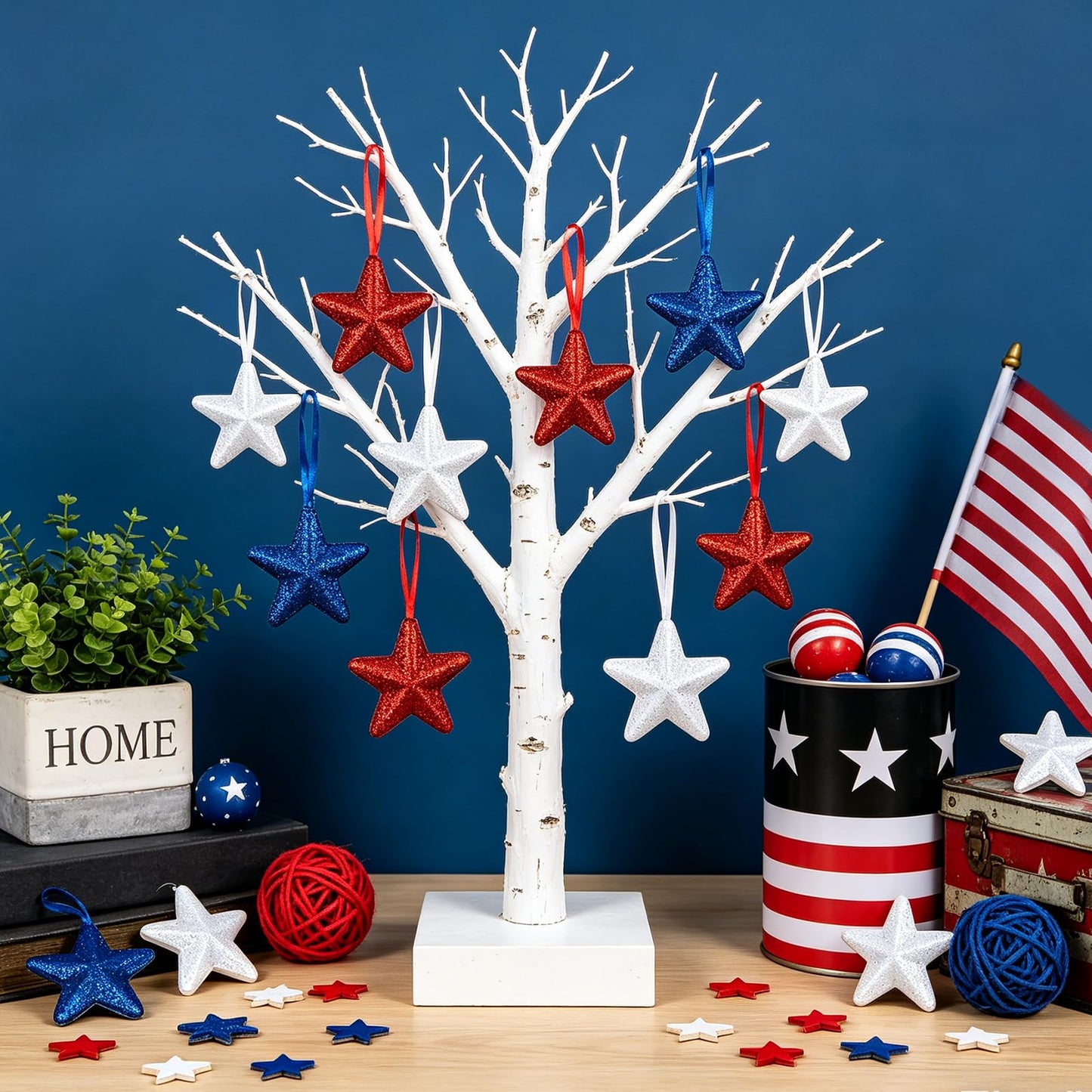Patriotic Star Tree Ornaments 4th of July Star Hanging Decorations 24 Pcs Red Blue White Stars Tree Ornament Memorial Day Independence Day Hanging Stars for Patrictic Veteran Day Home Decor