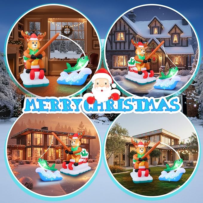 14 ft Long Christmas Inflatable Fishing Santa Claus, Santa Claus Inflatable Courtyard Outdoor Decoration with Built-in Rotating Blue LED Lights for Christmas Party Garden Lawn Decoration