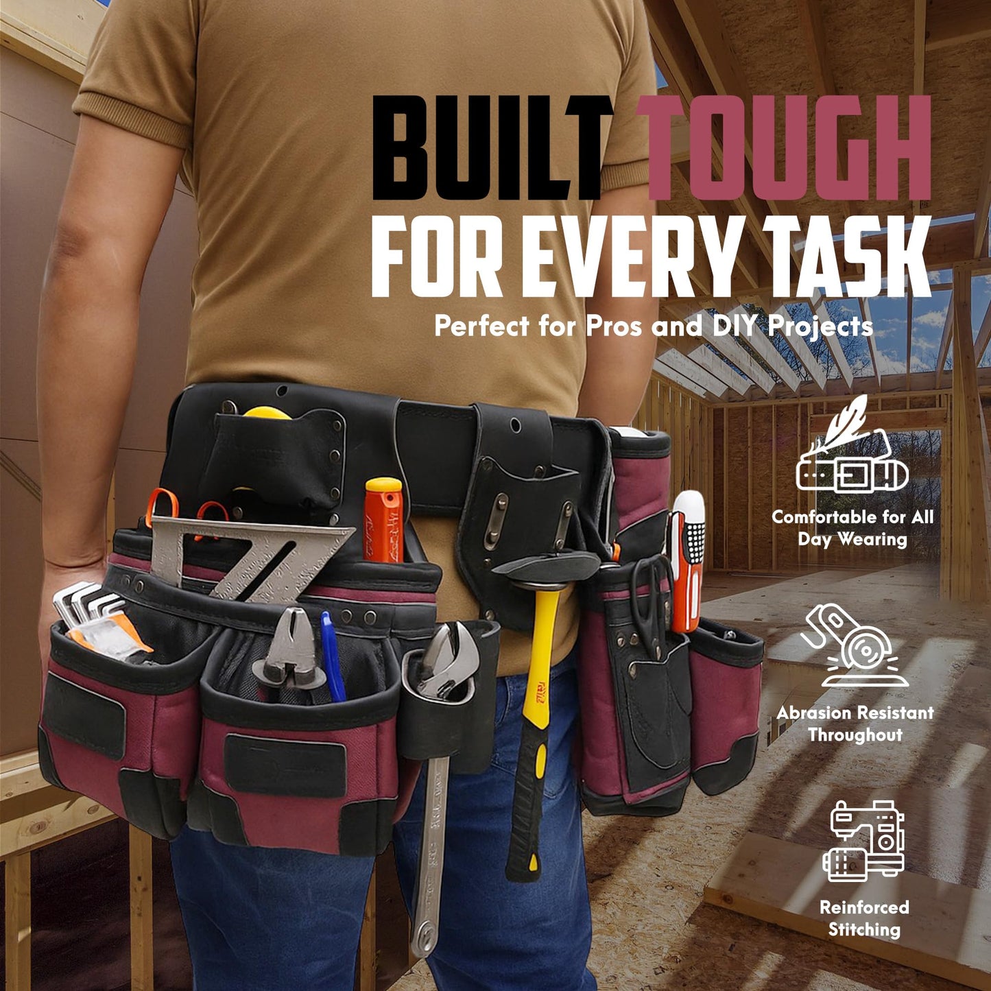 TRUTUCH Nylon and Leather Tool Belt | Framing Tool Bags | Nylon Tool Pouch | Carpenter Tool Belts | Construction | Framers | Electrician Tool Belt (Maroon 1650)