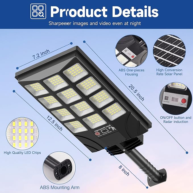 Solar Street Lights Outdoor Motion Sensor, 6500K Dusk to Dawn LED Solar Flood Light, Waterproof Security Light for Outside Garden Yard Parking Lot, 2PCS