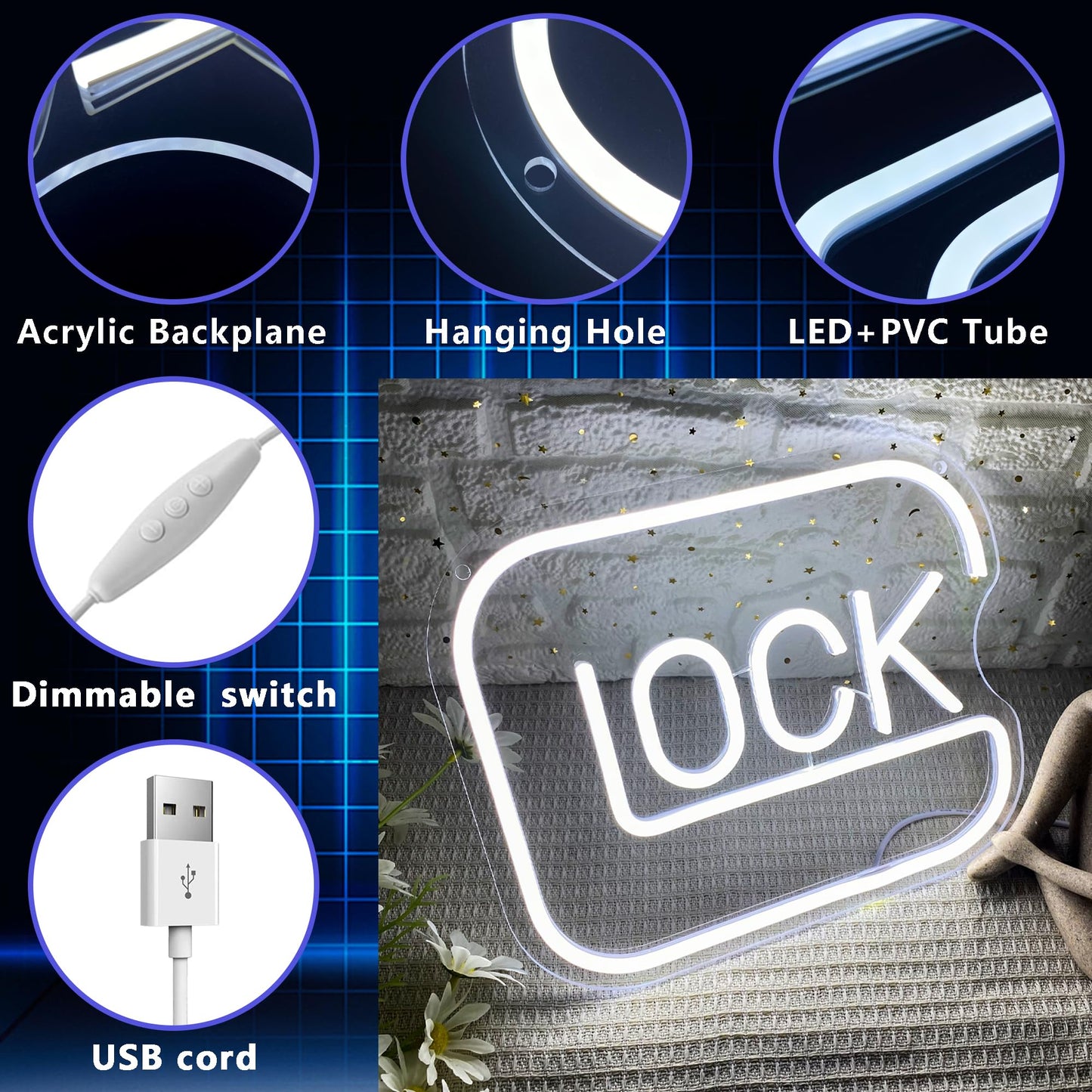 Lock Neon Signs for Wall Decor,Dimmable Game Neon Light for Gamer,Usb Powered Gaming Lights for Man Cave Bedroom Game Room Bar Birthday Gifts(9.8 * 11.8in)