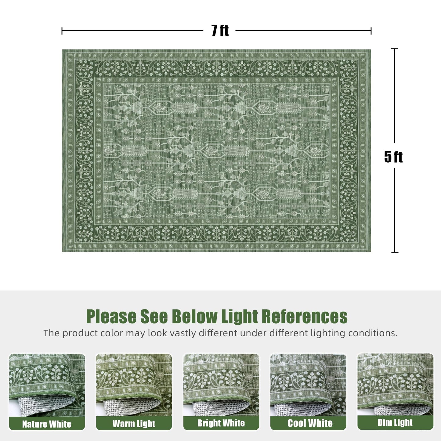 Deerly 5x7 Thin Area Rugs Living Room, Low Pile Soft Rugs with Non-Slip Backing Machine Washable Vinatge Boho Carpet for Bedroom Playroom Nurseryroom, Kid & Pet Friendly Print Floor Green Rug 5x7ft