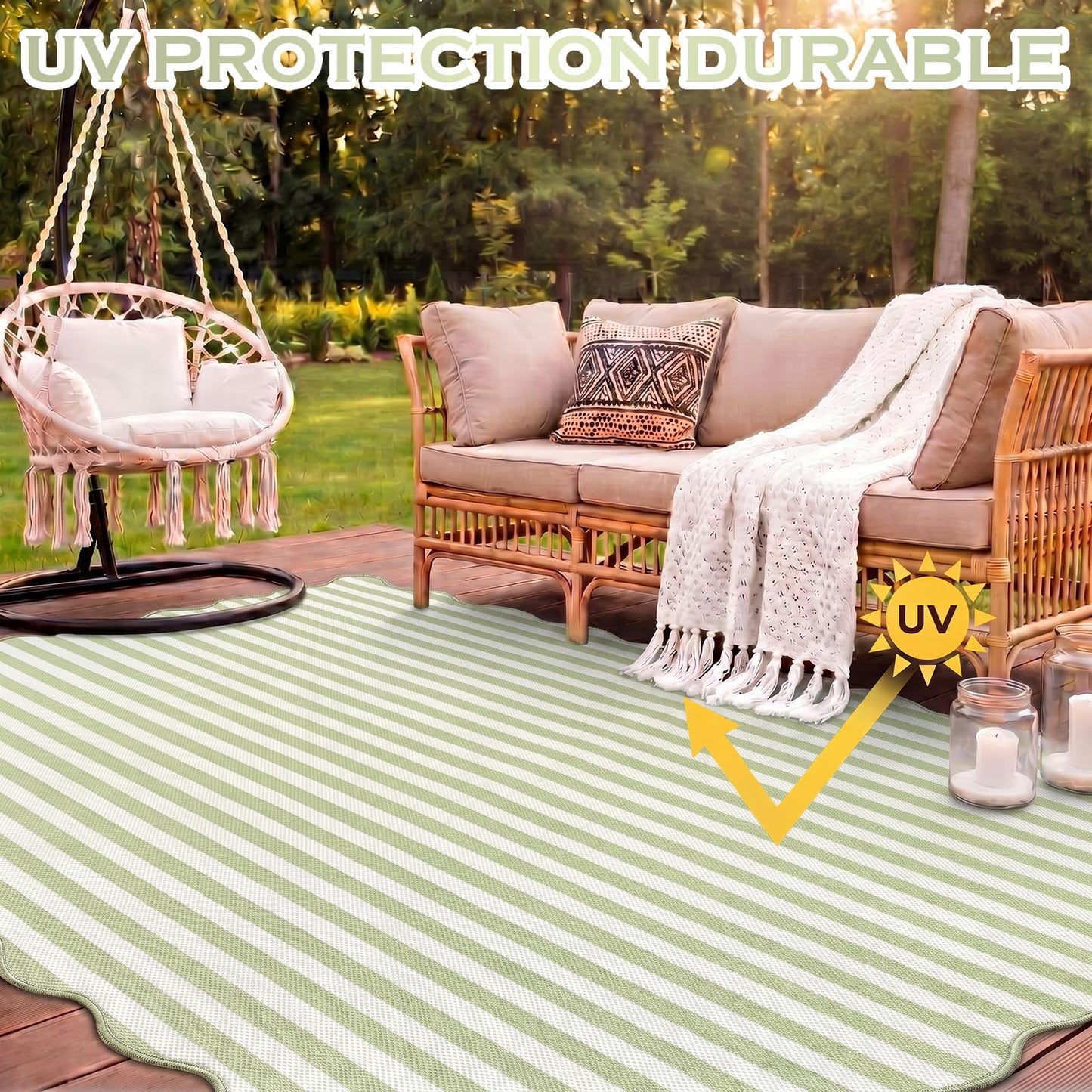 Klyyo Clyro Green Scalloped Outdoor Plastic Straw Rugs 5x8 ft Reversible Camping Rug Waterproof Striped Patio UV Resistant Mat Foldable Indoor Outdoor for Outside Beach Pool Patio Backyard Deck