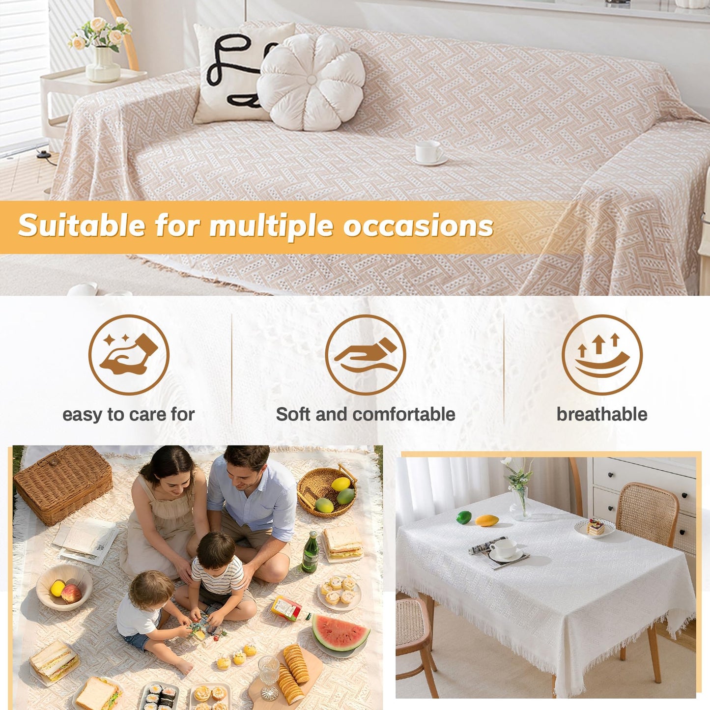 Outdoor Picnic Blanket Sandproof - Portable Lightweight T-Grid Picnic Mat for Beach, Camping, Park, Lawn, Concert & Wedding Photoshoot Indoor Bohemian Decor Machine Washable (70.8x90.5inch)