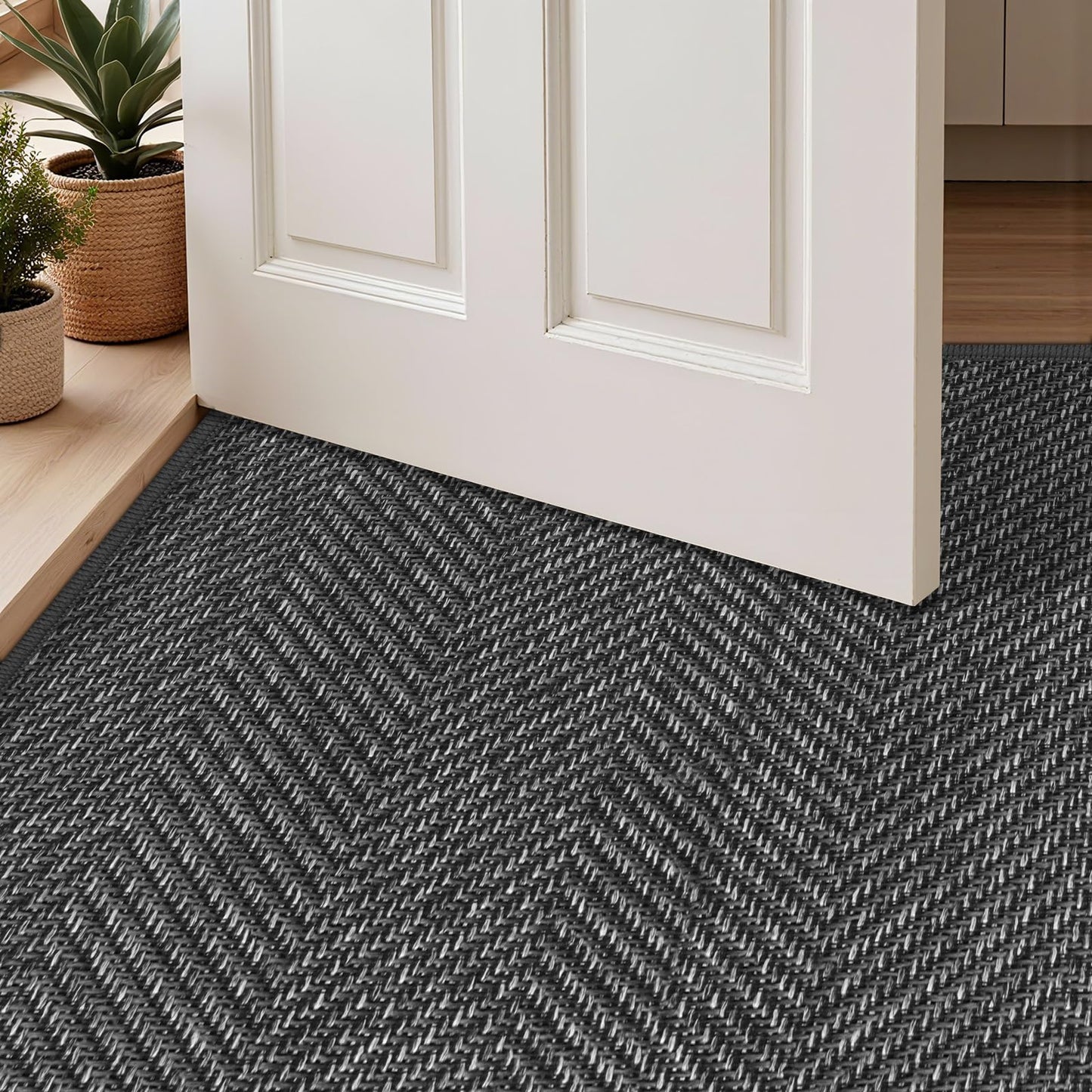 ENHASIV Ultra Thin Indoor Door Mat 24"x36", Washable Door Mat Indoor Entrance, Non Slip Rubber Backing Doormat Low-Profile Inside Entryway Mat, Unique Herringbone Design Entry Mat, Dark Grey (FOLD)