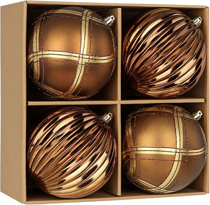 4.7" Large Plastic Christmas Balls Ornaments Set of 4, Glitter Shatterproof Christmas Bulbs Ornaments for Xmas Tree Decorations, Bronze & Brown Ornament for Tree, Mantel, Garland, Winter Holiday Decor
