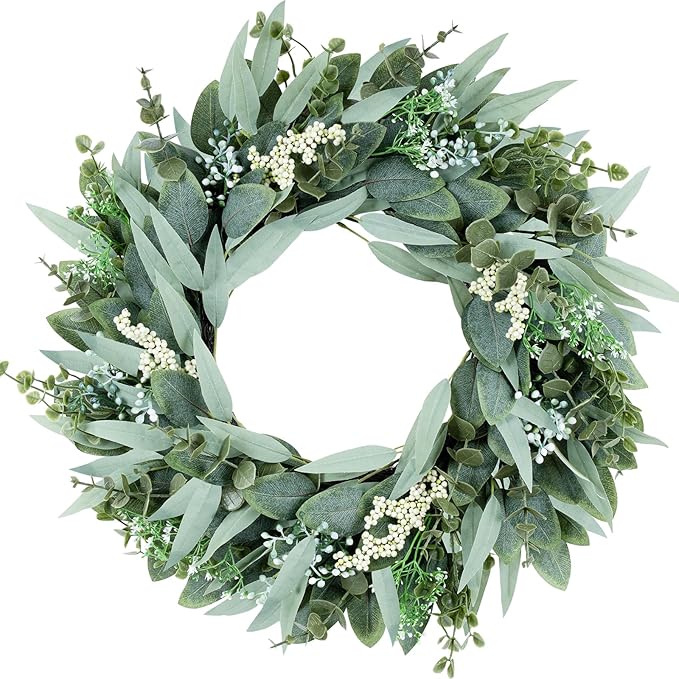 Eucalyptus Wreaths 22" Large Artificial Greenery Outdoor/Indoor Wreath Spring/Summer Wreath Green Wreaths for Front Door Porch Window Wall Hanging Decor All Year Round Wre-ath(Green)