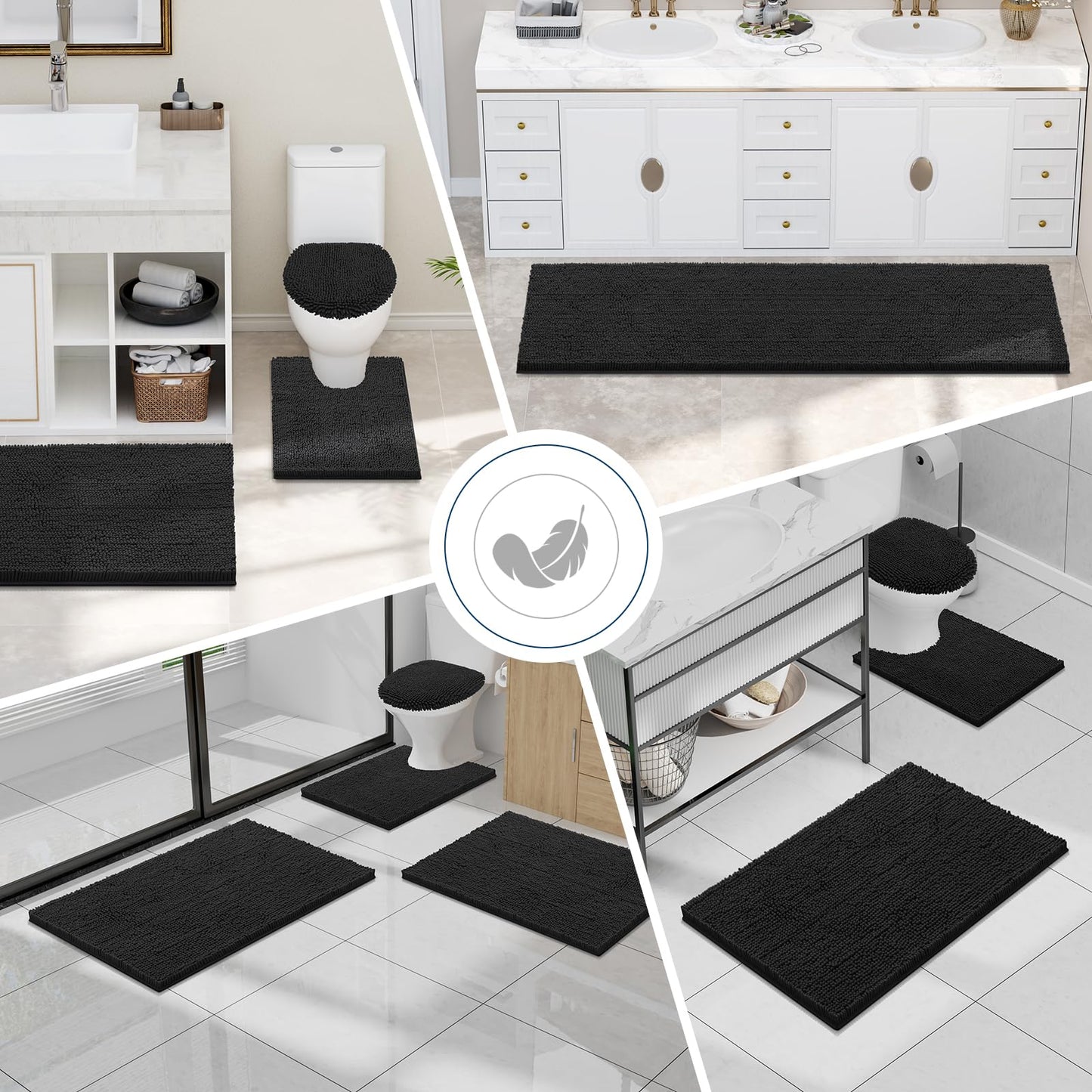 Smiry Bathroom Rugs Set 2 Piece, Soft Absorbent Chenille Bath Mat and U-Shaped Toilet Rug Set, Non Slip Shaggy Bath Carpet for Tub, Shower and Floor (24x16+24x20, Black)