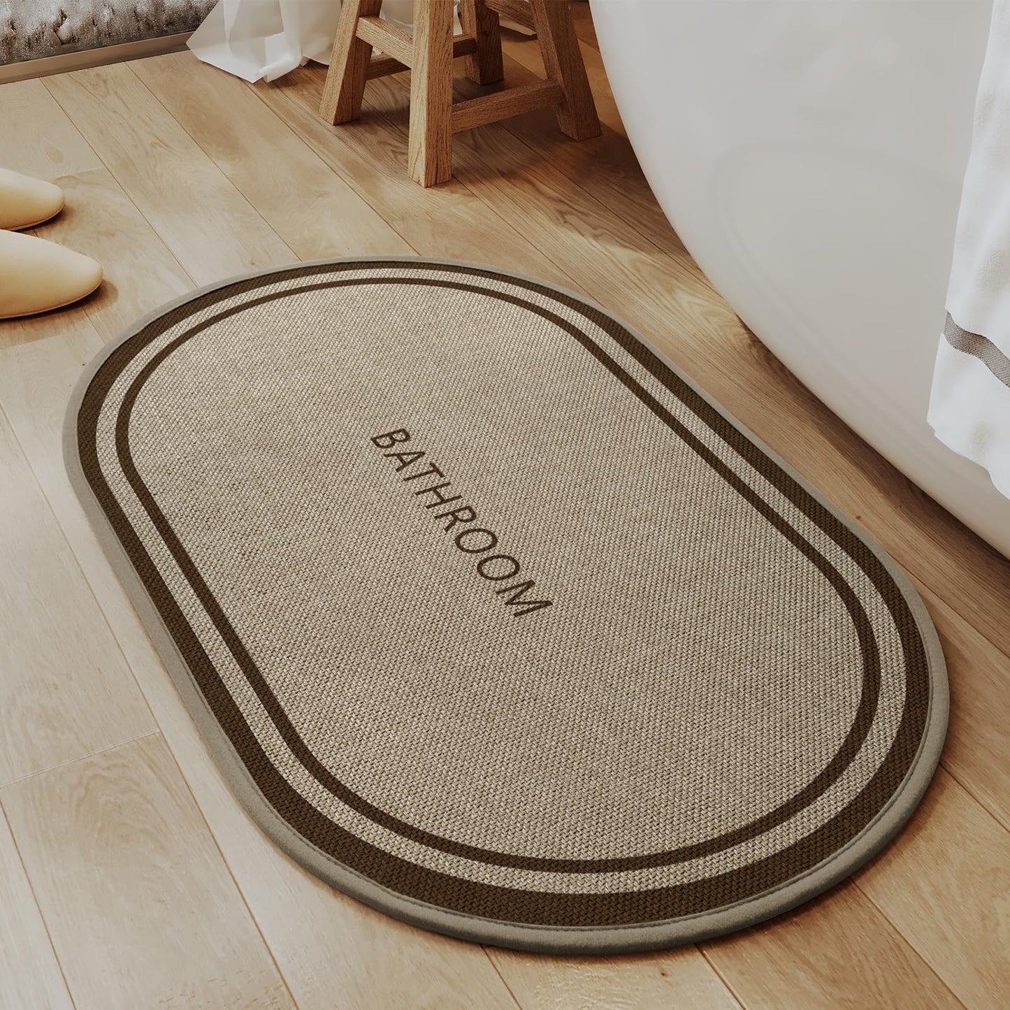 QiCaiJia Ultra Thin Oval Bath Mat Bathroom Rugs, Quick Dry Super Absorbent Washable Bath Shower Mats, Rubber Backing Non Slip Bathroom Rug Fit Under Door, 20x32, Border Brown