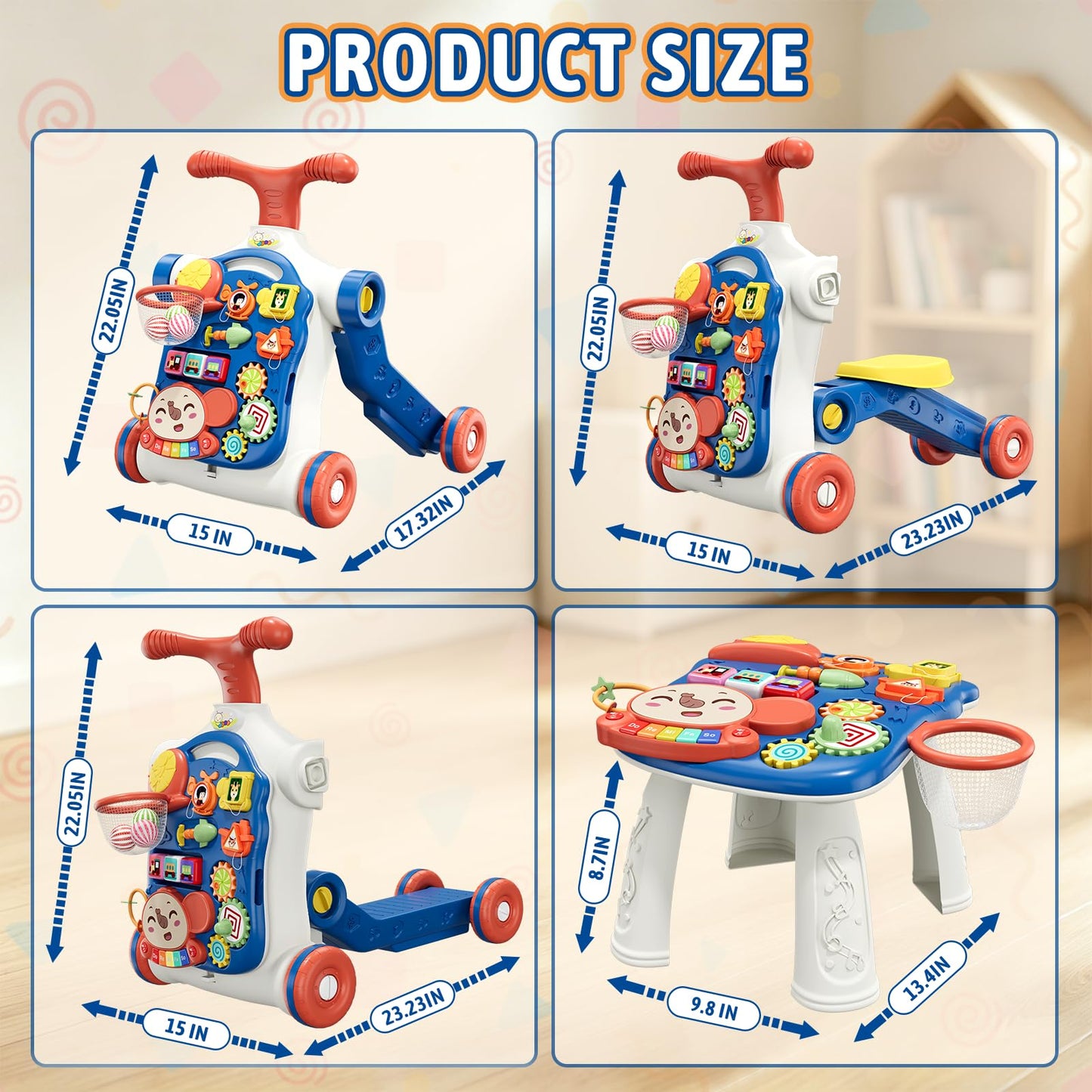 HYES 5 in 1 Baby Push Walker for Baby Boy, Activity Center Learning to Walk, Sit to Stand, Early Learning Push Toys for Infant 12 Months, Walking Toys Gift for Toddler Boys, Blue